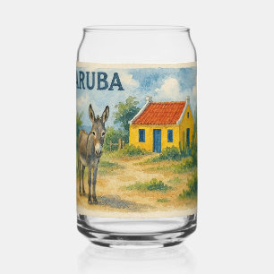Vaso Con Forma De Lata Casa cunucu amarilla de Aruba con burro acuarela