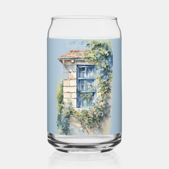 Vaso Con Forma De Lata Casa de piedra con ventana azul y enredaderas (Anverso)