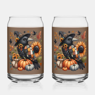 Vaso Con Forma De Lata Cuervo Caprichoso con Calabazas y Girasoles