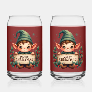 Vaso Con Forma De Lata Cute Duende de Navidad sosteniendo letrero alegre