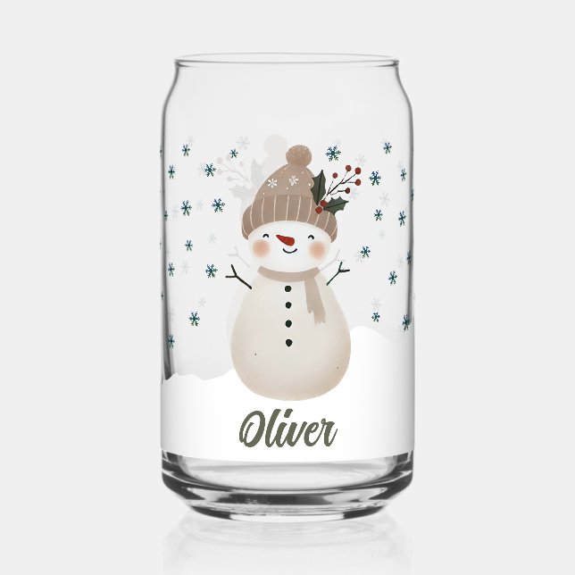 Vaso Con Forma De Lata Cute Snowman Snowflakes Kids Name (Anverso)