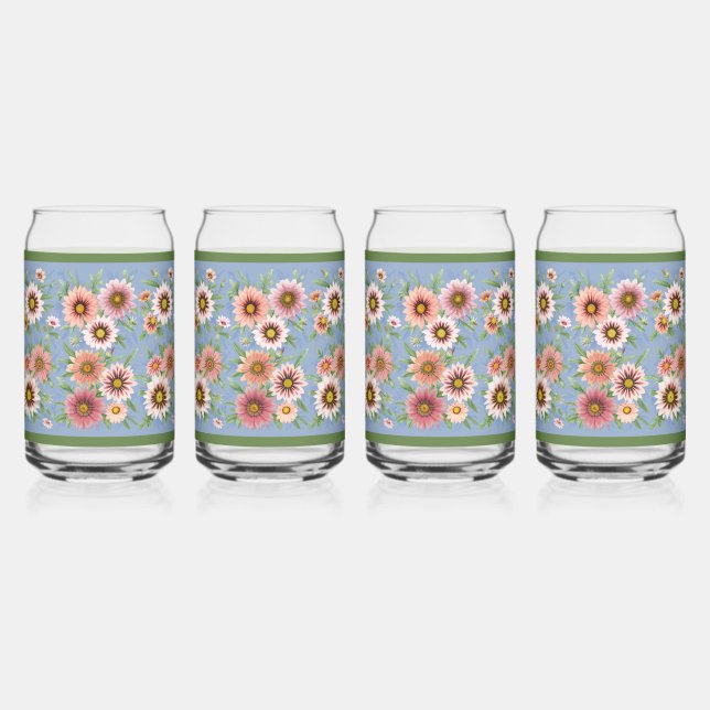 Vaso Con Forma De Lata Daisies azules y rosados Arte Botánico Floral (Anverso)