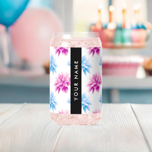 Vaso Con Forma De Lata Dalia Rosa y Azul, Patrón Floral, Tu Nombre