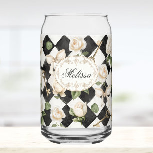 Vaso Con Forma De Lata Diamante Flores Rosa Vintage Monograma Negro Blanc