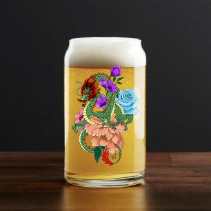 Vaso Con Forma De Lata Dragón Chino Verde Místico Floral Azul Marino