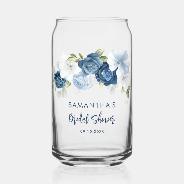 Vaso Con Forma De Lata Dusty Blue Floral Bridal Shower Personalizada (Anverso)