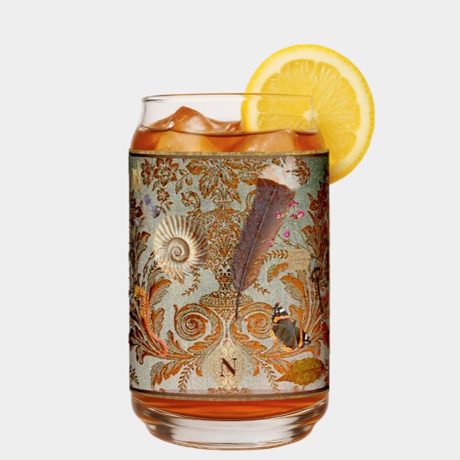 Vaso Con Forma De Lata Edwardian Naturalist Drinkware Set (Refreshingly natural accents set against a muted, moody teal and fiery bronze /gold /copper brocade )