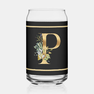 Vaso Con Forma De Lata Elegante decoración dorada inicial P con vegetació