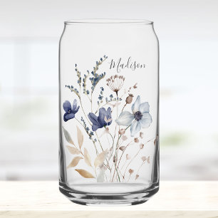 Vaso Con Forma De Lata Elegante Monograma Floral Azul Acuarela