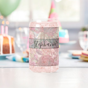Vaso Con Forma De Lata Elegante Monograma Floral Rojo Vintage y Rosa