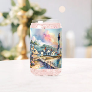 Vaso Con Forma De Lata Escena de faro costero y cabañas de playa