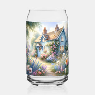 Vaso Con Forma De Lata Escena floral de casa azul de jardín de cottage pa