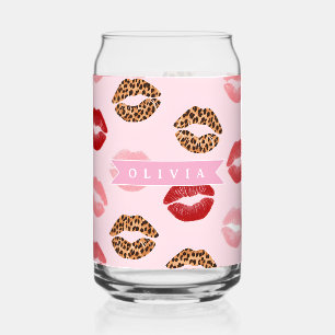 Vaso Con Forma De Lata Estampado de labios con patrón de leopardo rosa ch