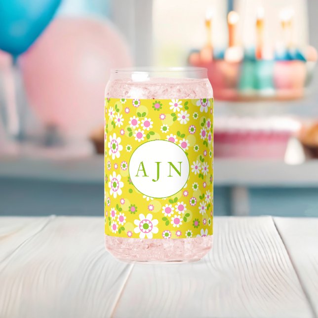 Vaso Con Forma De Lata Flores Retro Mod Amarillo y Blanco Monograma  (Insitu (Baby Shower))