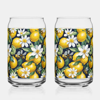 Vaso Con Forma De Lata Fresh Yellow Lemons With Busy Bees & White Blooms