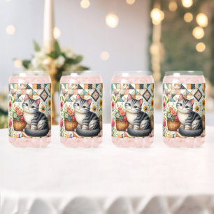 Vaso Con Forma De Lata Gato Adorable en Arte de Colcha Floral Cottagecore