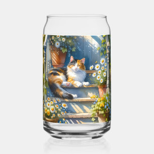 Vaso Con Forma De Lata Gato de Calico en Cottagecore de porche floral