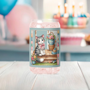 Vaso Con Forma De Lata Gato en el porche escena de patchwork floral