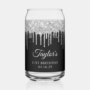 Vaso Con Forma De Lata Gotas de brillo plateado Cumpleaños negro 21