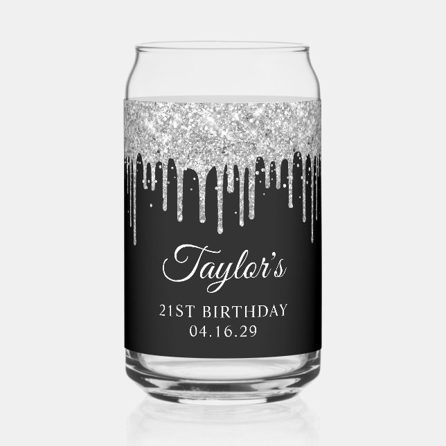 Vaso Con Forma De Lata Gotas de brillo plateado Cumpleaños negro 21 (Anverso)