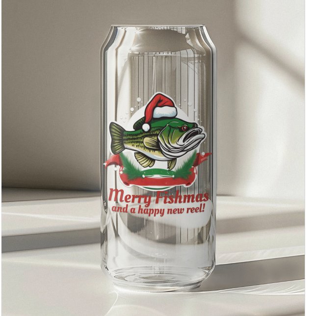 Vaso Con Forma De Lata Gracioso Feliz Navidad Pescado de Santa Fish (Merry Fishmas! A fun Christmas themed fishing stocking stuffer or fill it fishing lures!)
