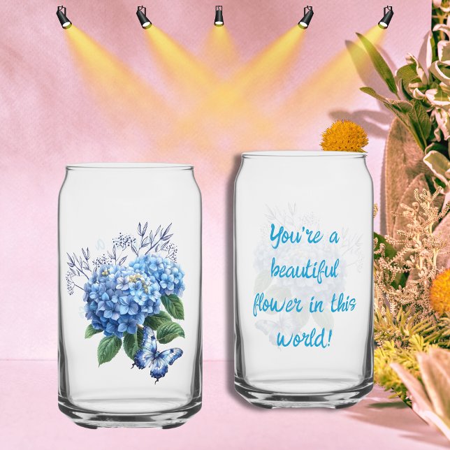 Vaso Con Forma De Lata Hidrangea Flor azul y mariposa (Front and Back)