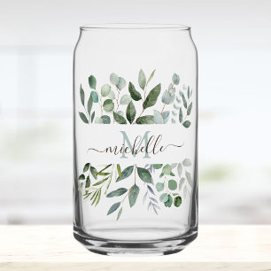 Vaso Con Forma De Lata Hojas de eucalipto verde salvia con monograma  