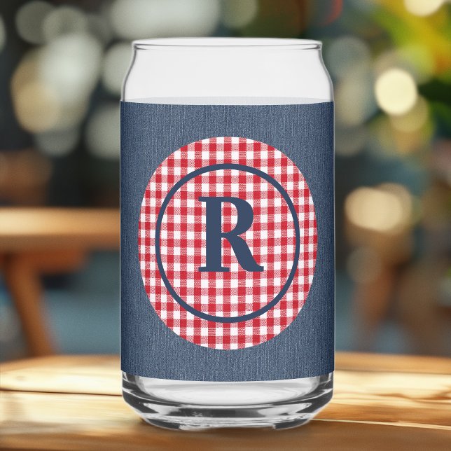 Vaso Con Forma De Lata Inicial | Denim azul, marco de círculo blanco rojo (Subido por el creador)