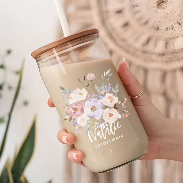 Vaso Con Forma De Lata Lavanda Beige Acuarela Floral Bridesmaid (watercolor floral bridemaid glass can)