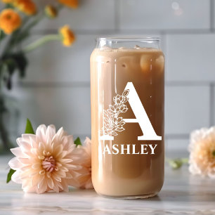 Vaso Con Forma De Lata Letra floral a monograma nombre personalizado blan