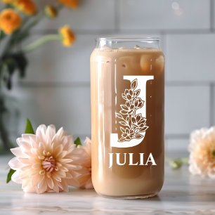 Vaso Con Forma De Lata Letra floral J Monograma Nombre personalizado blan