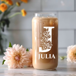 Vaso Con Forma De Lata Letra floral J Monograma Nombre personalizado blan