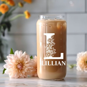 Vaso Con Forma De Lata Letra floral L Monograma nombre personalizado blan