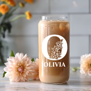 Vaso Con Forma De Lata Letra floral o monograma nombre personalizado blan