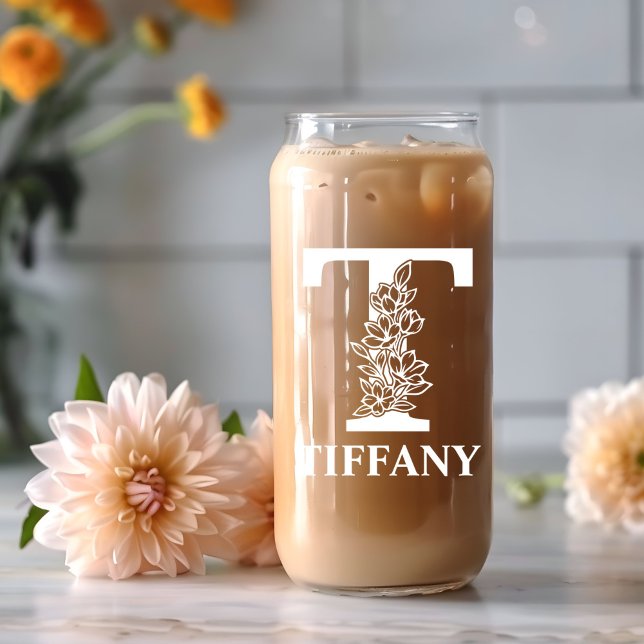 Vaso Con Forma De Lata Letra floral T Monograma Nombre personalizado blan (Subido por el creador)
