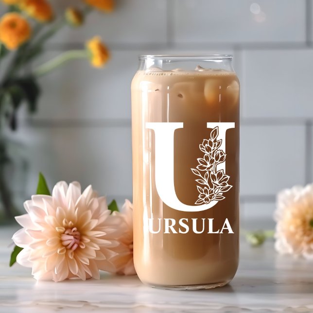 Vaso Con Forma De Lata Letra floral U Monograma Nombre personalizado blan (Subido por el creador)