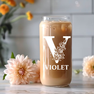 Vaso Con Forma De Lata Letra floral V Monograma Nombre personalizado blan