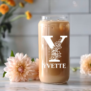 Vaso Con Forma De Lata Letra floral Y nombre personalizado monograma blan