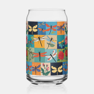Vaso Con Forma De Lata Libélulas Coloridas Y Rosas Parcheado