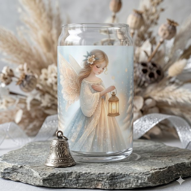 Vaso Con Forma De Lata Linterna de Ángel Invernal Celestial de Consuelo (Celestial Winter Angel Lantern of Comfort Can Glass)