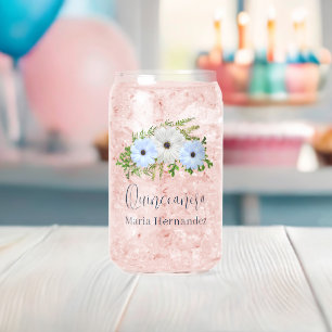 Vaso Con Forma De Lata Luces Rústicas Quinceañera Floral Azul y Blanco