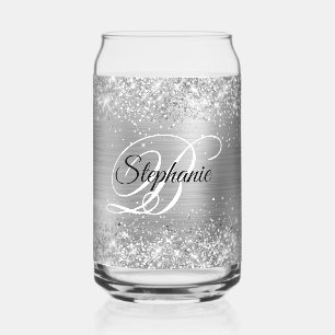 Vaso Con Forma De Lata Lujo Monograma Brillante Plata Glitter