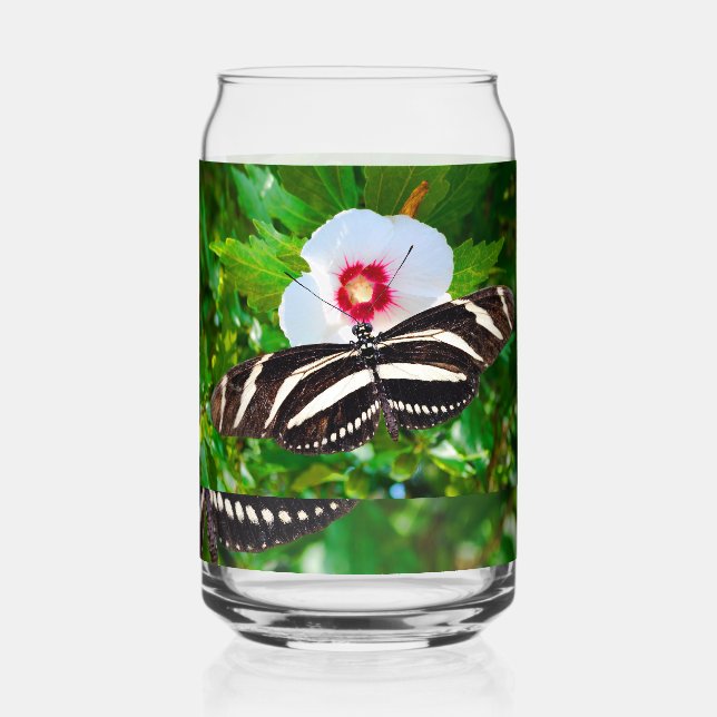 Vaso Con Forma De Lata Mariposa de cebra con un rojo hibiscus (Reverso )