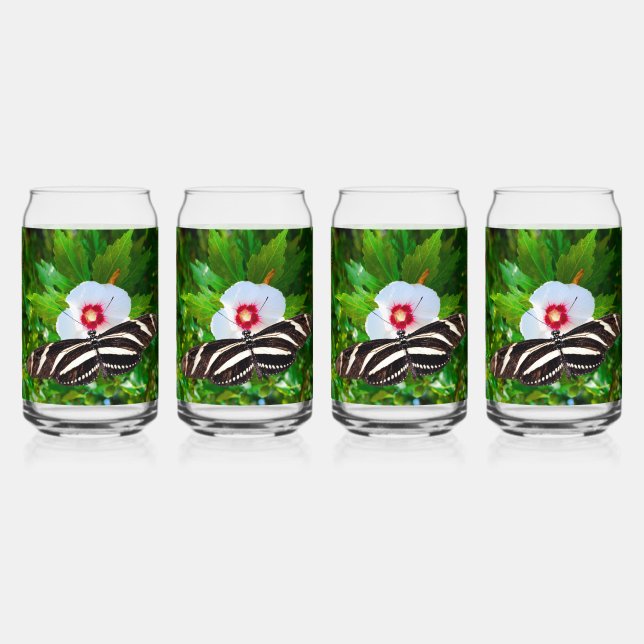 Vaso Con Forma De Lata Mariposa de cebra con un rojo hibiscus (Reverso)
