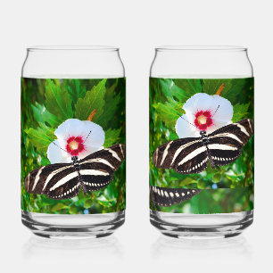Vaso Con Forma De Lata Mariposa de cebra con un rojo hibiscus