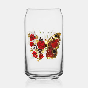 Vaso Con Forma De Lata Mariposa de flor roja con rosas rojas