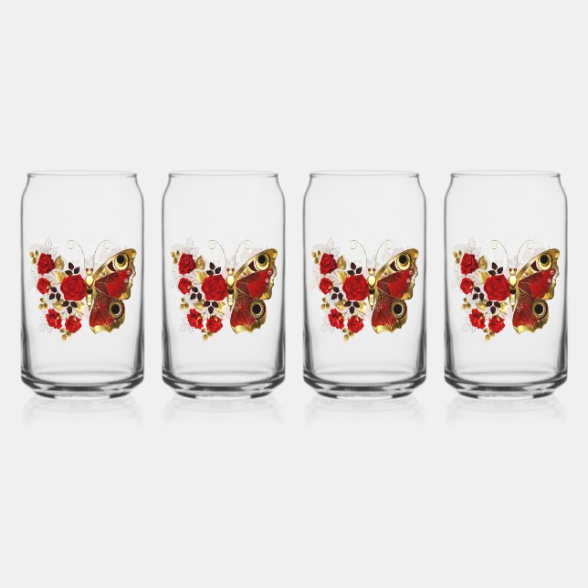 Vaso Con Forma De Lata Mariposa de flor roja con rosas rojas (Anverso)