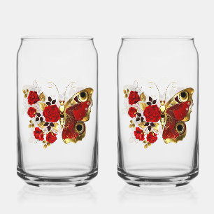 Vaso Con Forma De Lata Mariposa de flor roja con rosas rojas