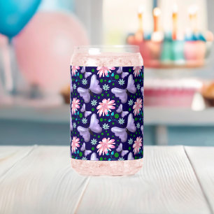 Vaso Con Forma De Lata Mariposa Morada y Patrón Floral Rosa 