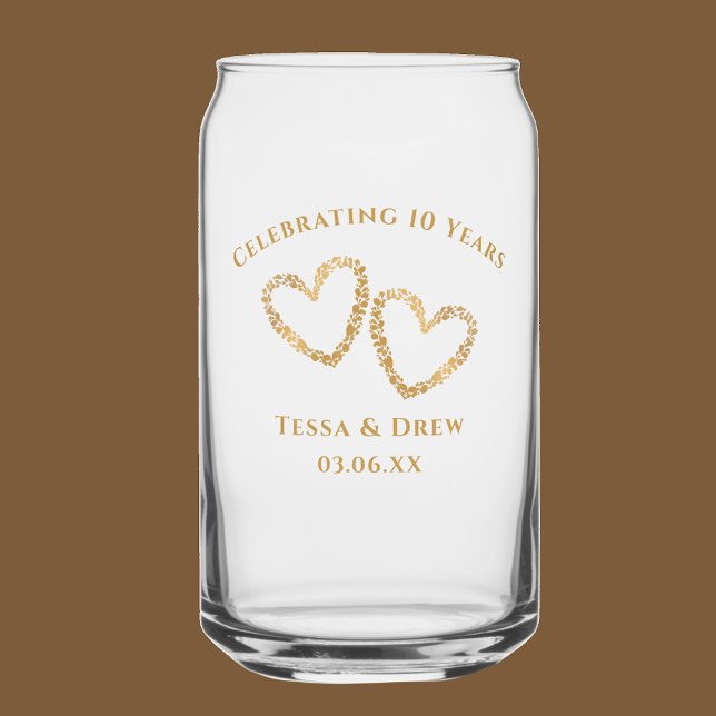 Vaso Con Forma De Lata Modern Heart 10th Wedding Anniversary Personalized (Personalize this keepsake glass can with original botanical hearts.  10 year anniversary gift.)